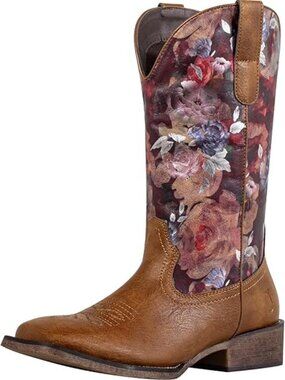 Women's Brown-floral print Faux Leather Cowboy Femme Square Toe Mid Calf Boots